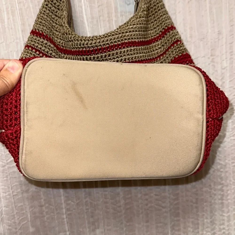 Red Tan Macrame Crochet Hobo Bag Purse